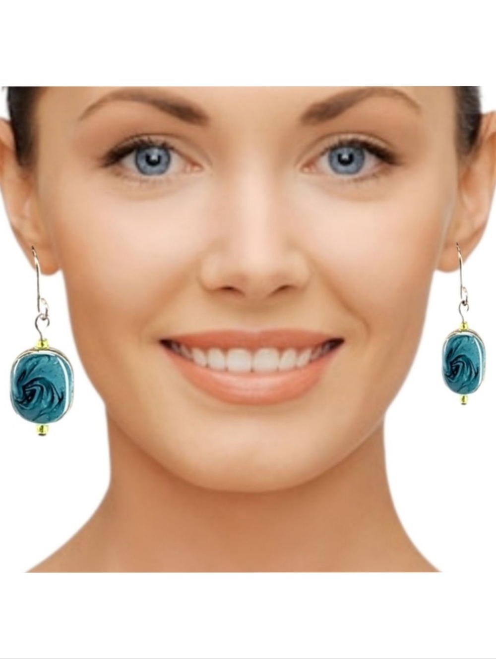 👣4/$20. Blue Swirl Stone Dangle Earrings – Silver Tone (Worn) – 1"